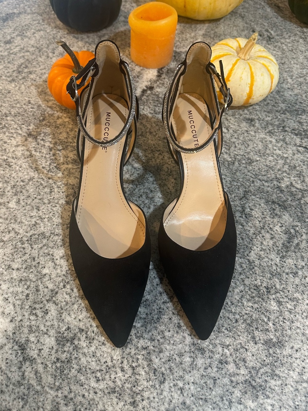 Black Pointed Toe crystal Ankle Strap Pumps